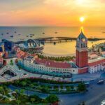 A bird's eye view of a city with a clock tower